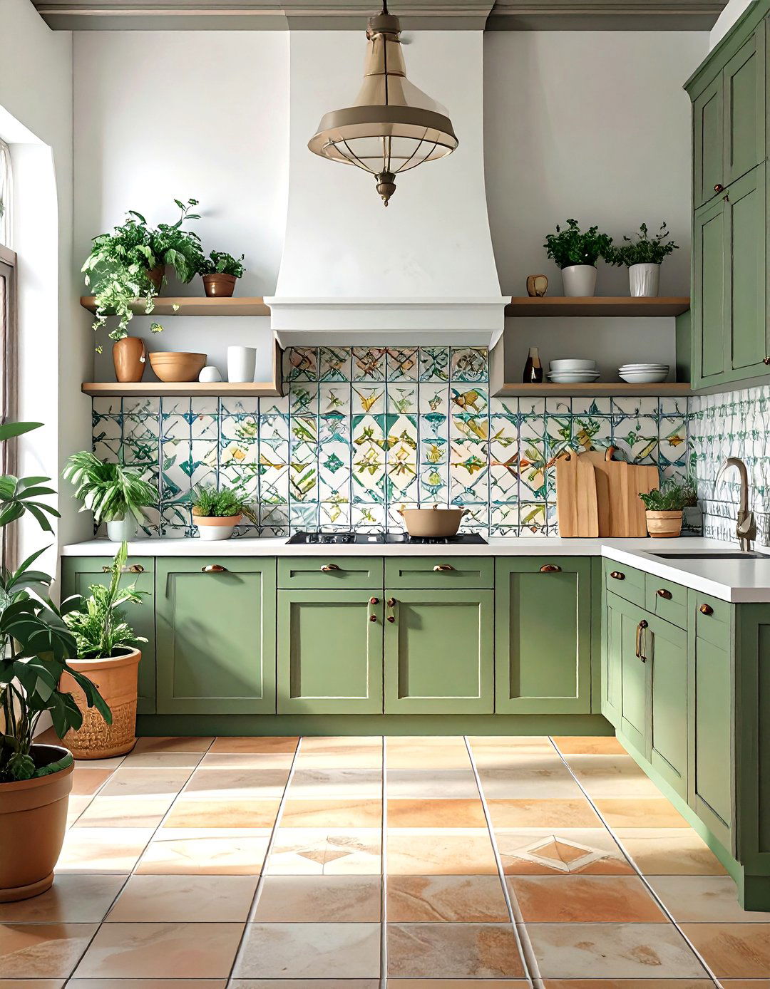 Mediterranean Kitchen with Olive Green Cabinets and Terracotta Tiles - 30 green kitchen cabinets ideas