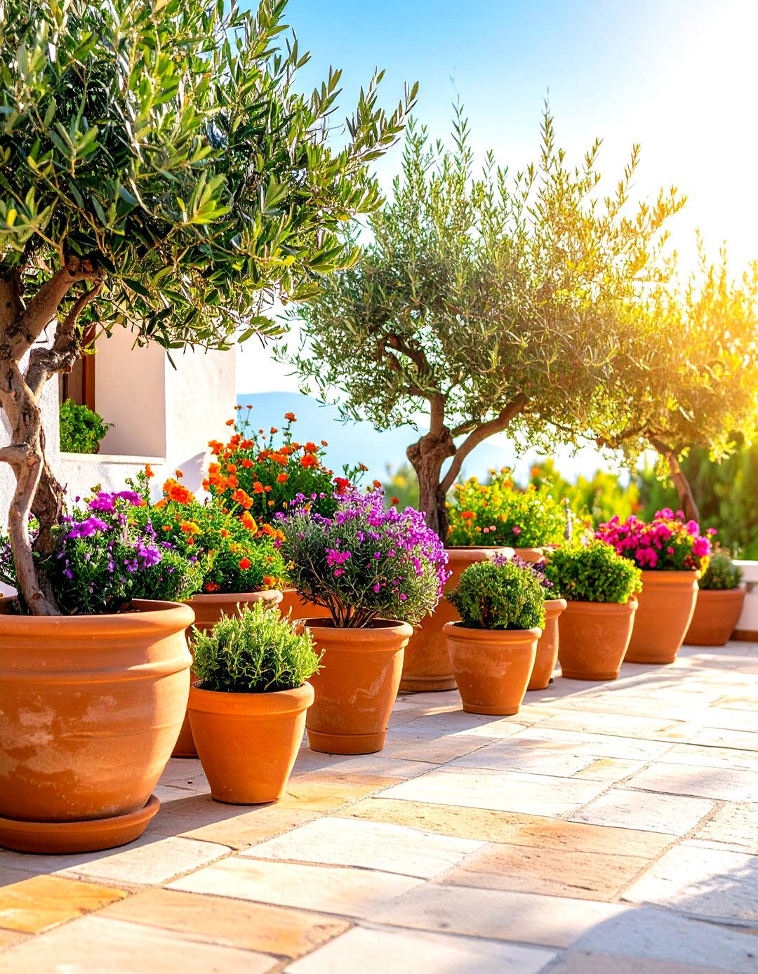 Mediterranean Style Patio Garden with Terracotta Pots - 30 patio garden ideas