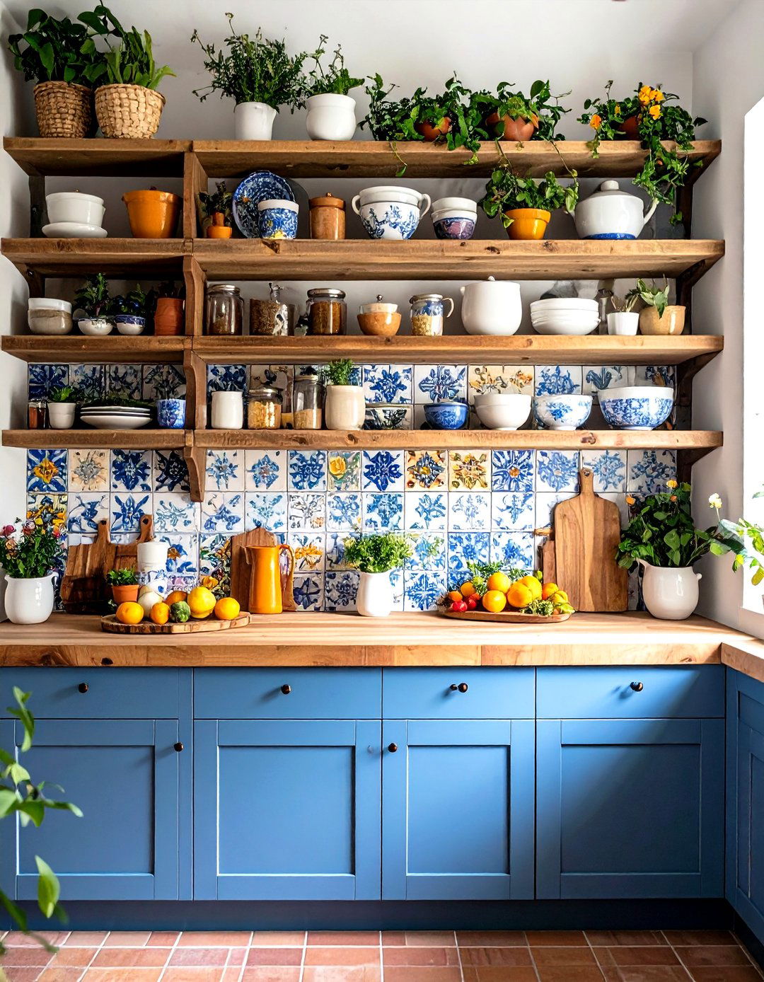 Mediterranean Tiled Niche Kitchen Shelves - 30 kitchen shelves ideas