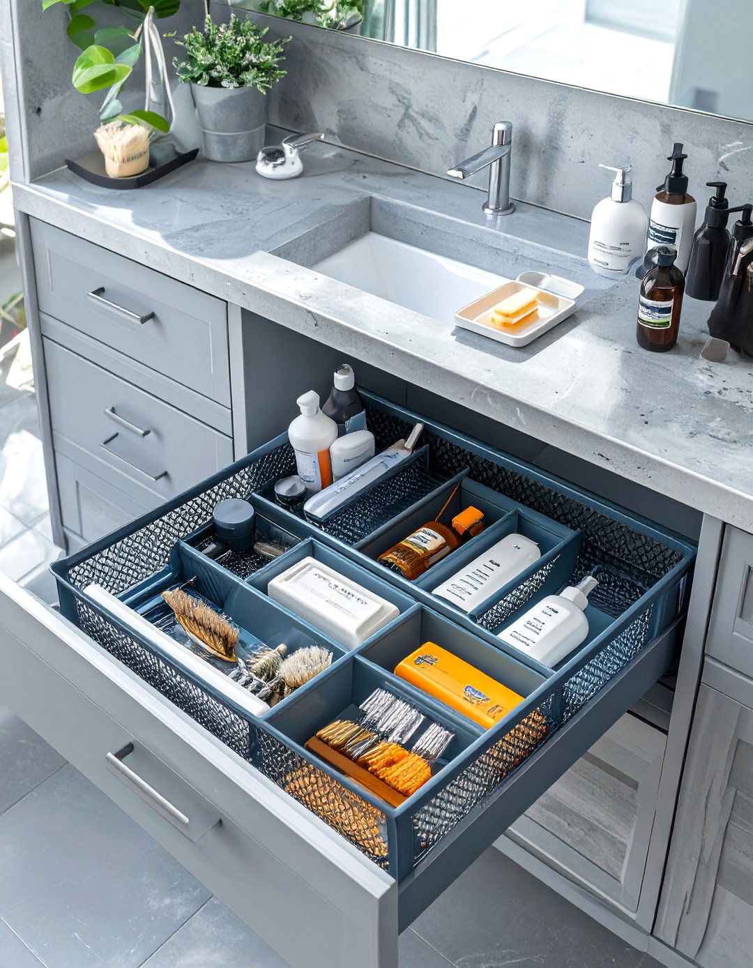 Mesh Metal Drawer Organizers for an Industrial Feel - 30 bathroom drawer organization ideas