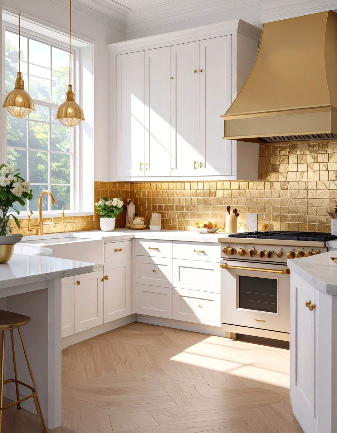Metallic Finish Backsplash Tiles - 30 backsplash ideas for white cabinets and quartz countertops