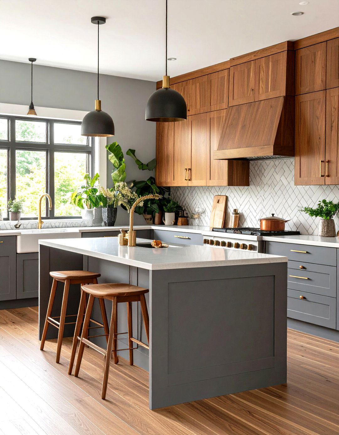 Mid Century Modern Gray and Walnut Kitchen - 30 gray kitchen cabinets ideas