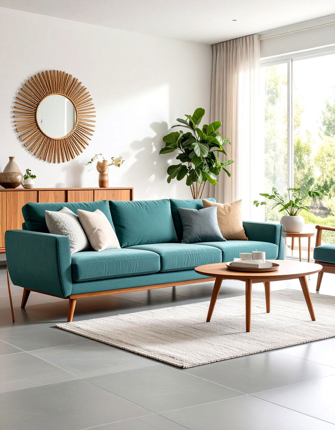 Mid Century Modern Living Room with Slate Grey Floors - 30 grey flooring living room ideas