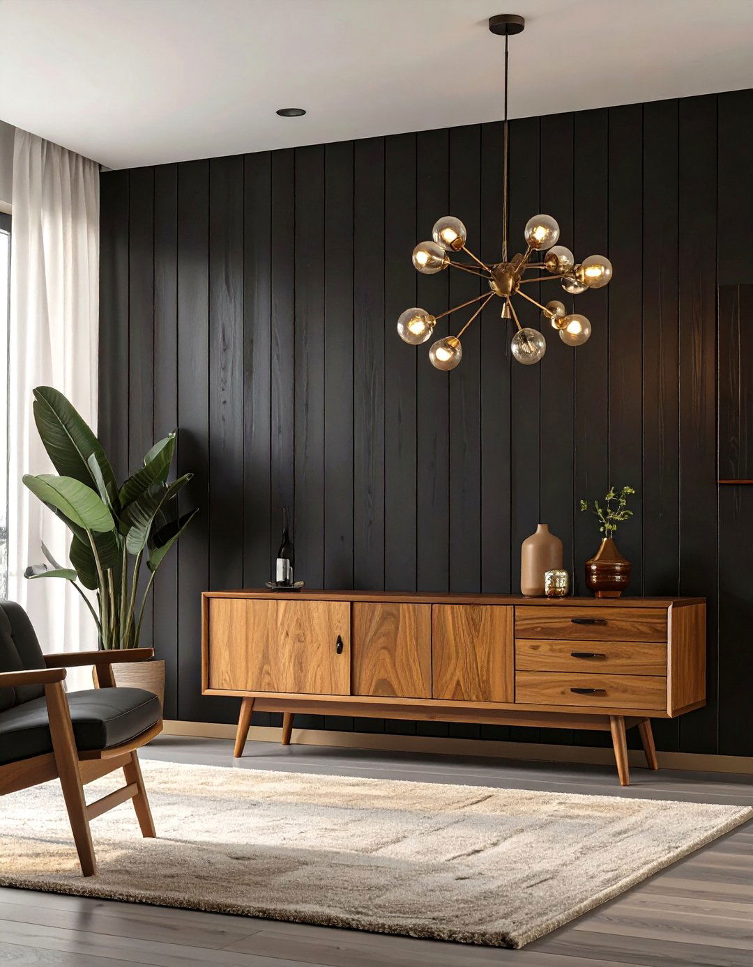 Mid Century Modern Living Room with a Black Paneled Wall - 30 black accent wall ideas