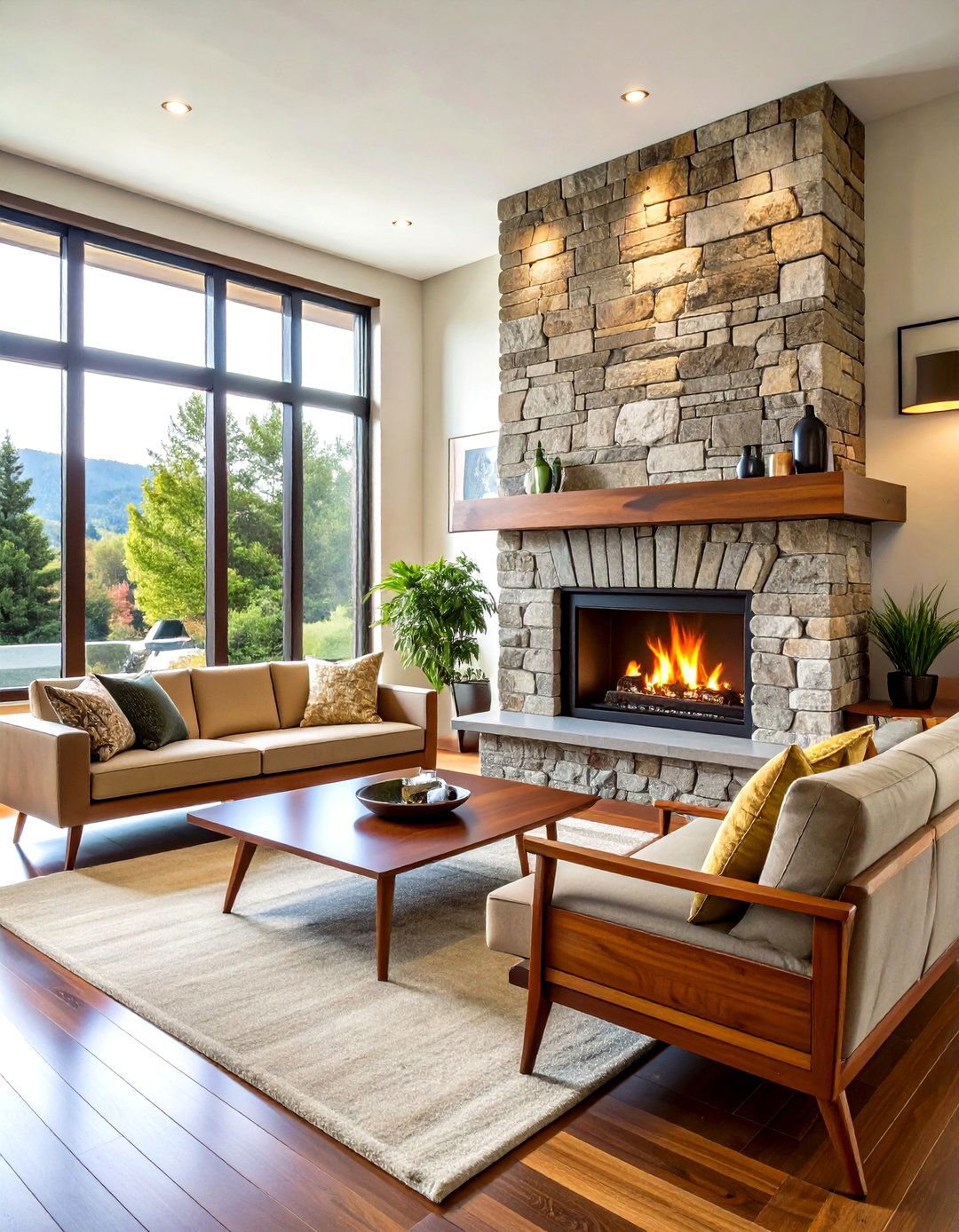 Mid Century Modern Stacked Stone Wall - 30 living room stone fireplace ideas