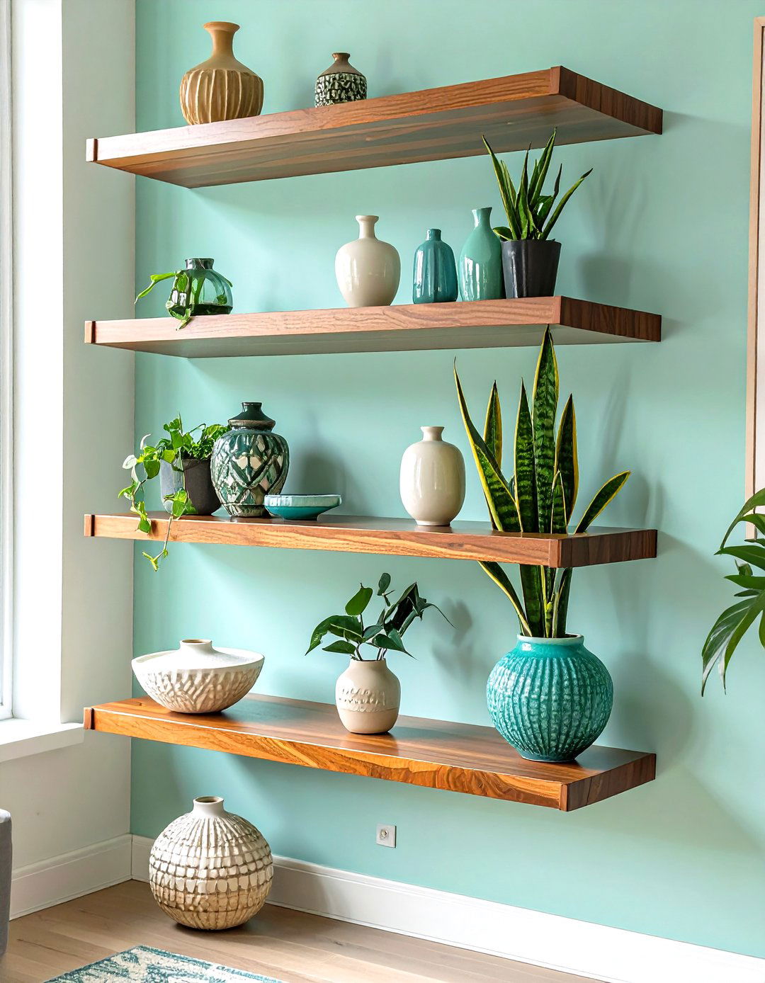 Mid Century Modern Tapered Shelves - 30 floating shelves ideas living room