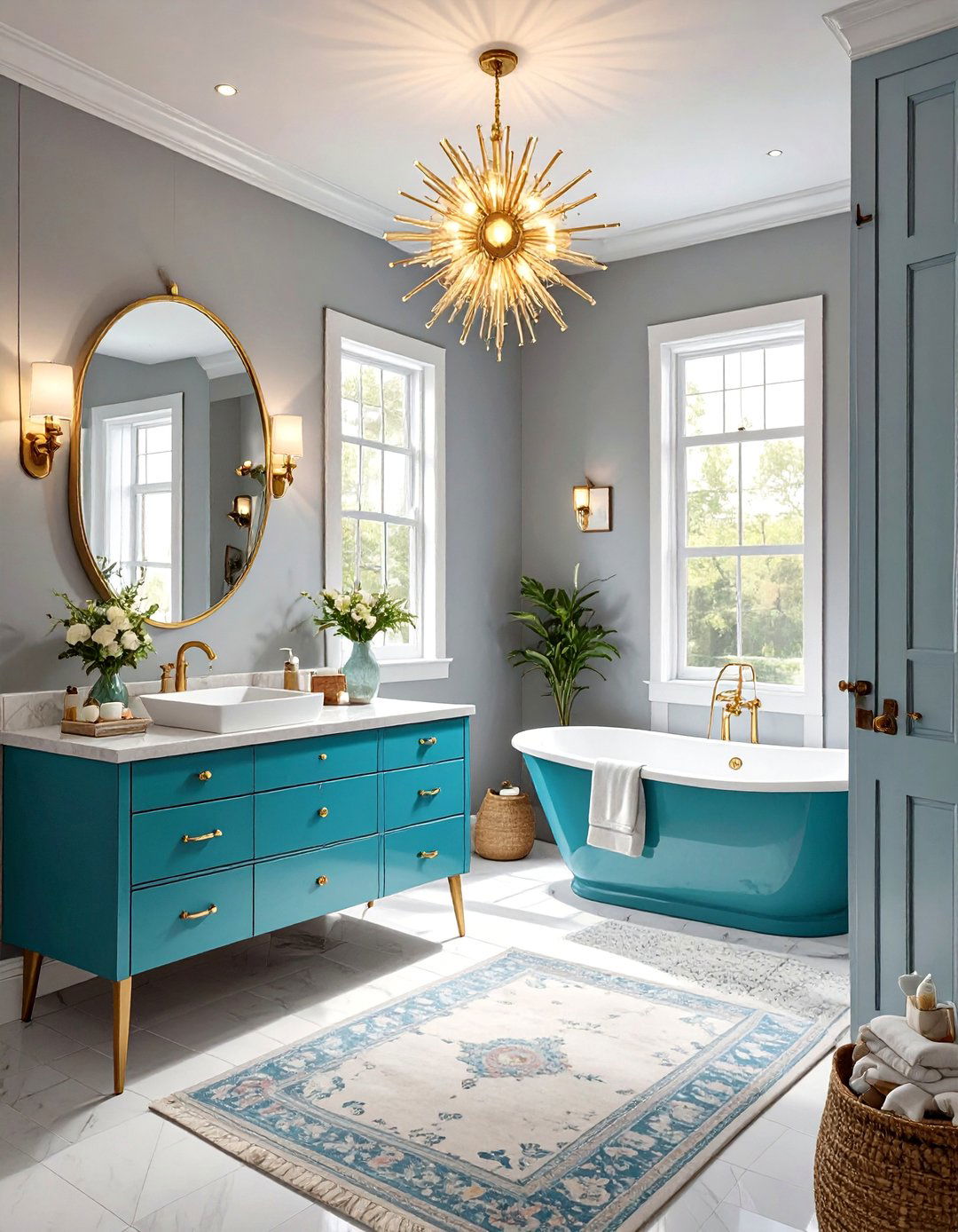 Mid Century Modern with Teal Blue and Medium Gray - 30 blue and gray bathroom ideas