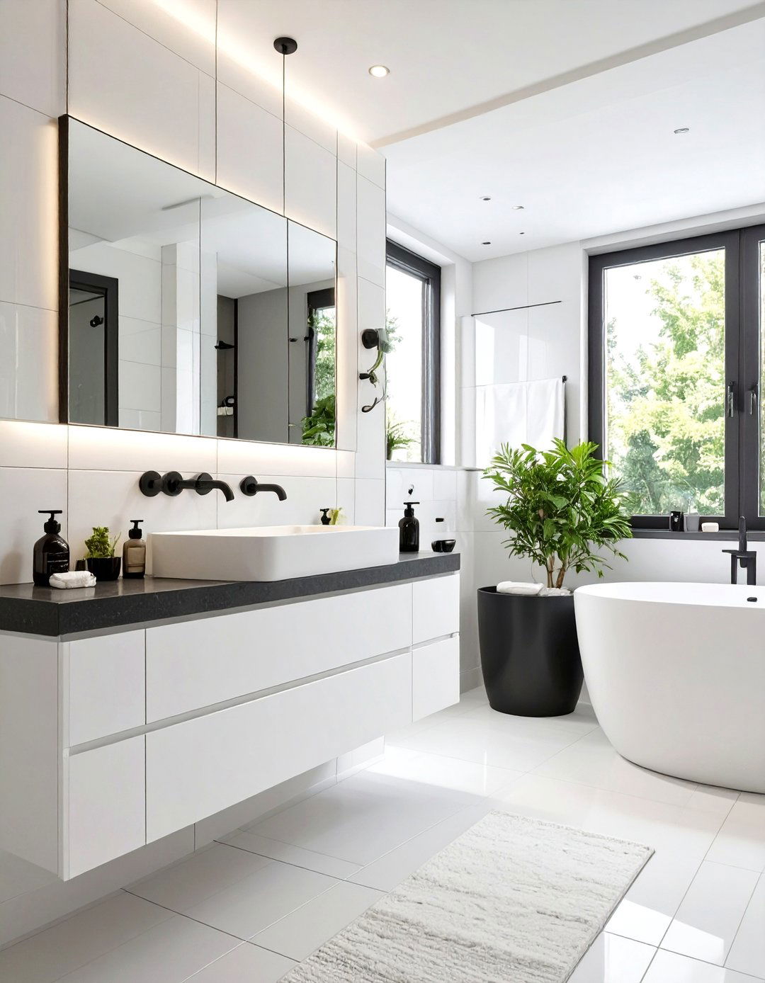Minimalist Bathroom with Matte Black Fixtures - 30 black and white bathroom ideas
