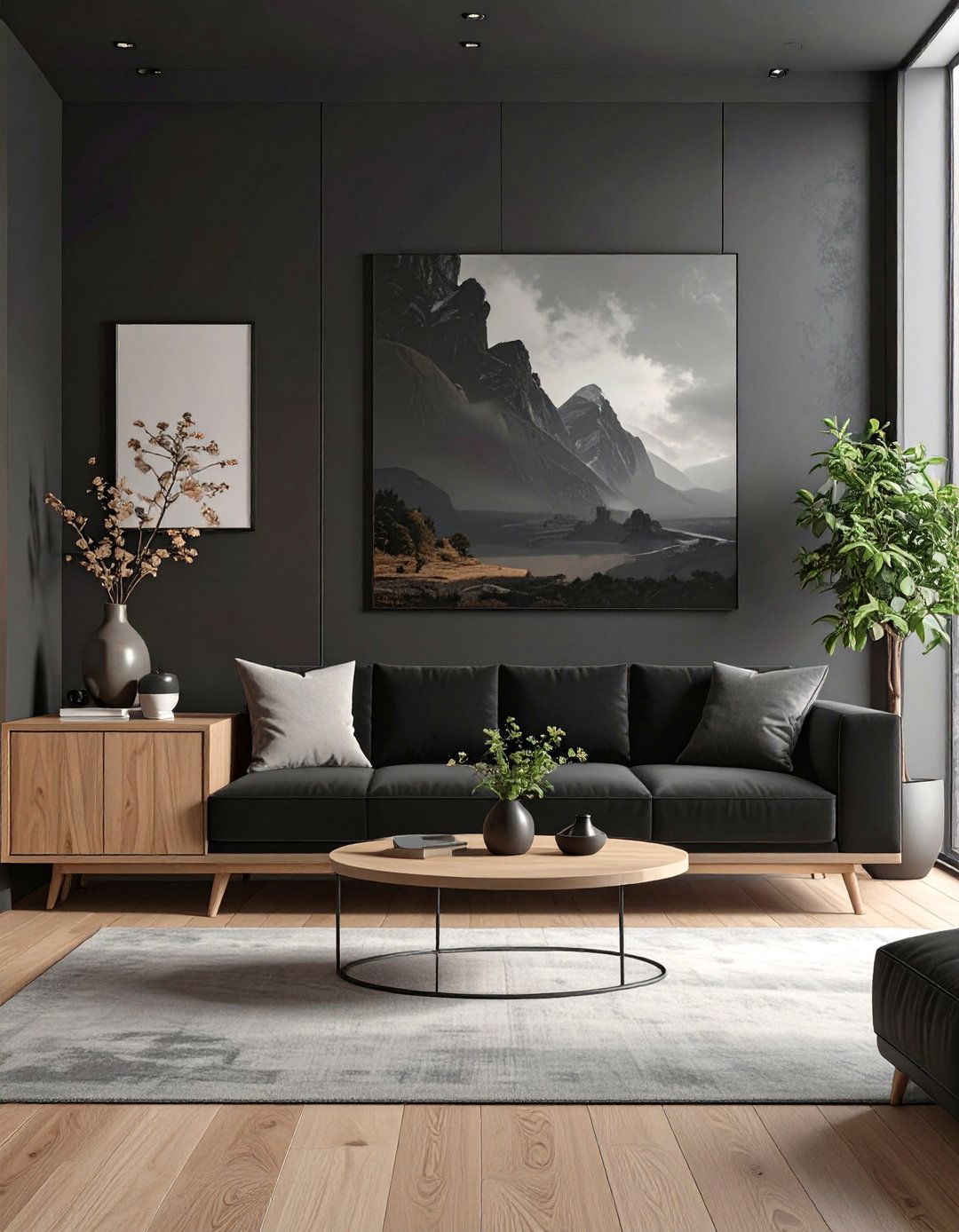 Minimalist Black Living Room with Natural Wood - 30 black living room ideas