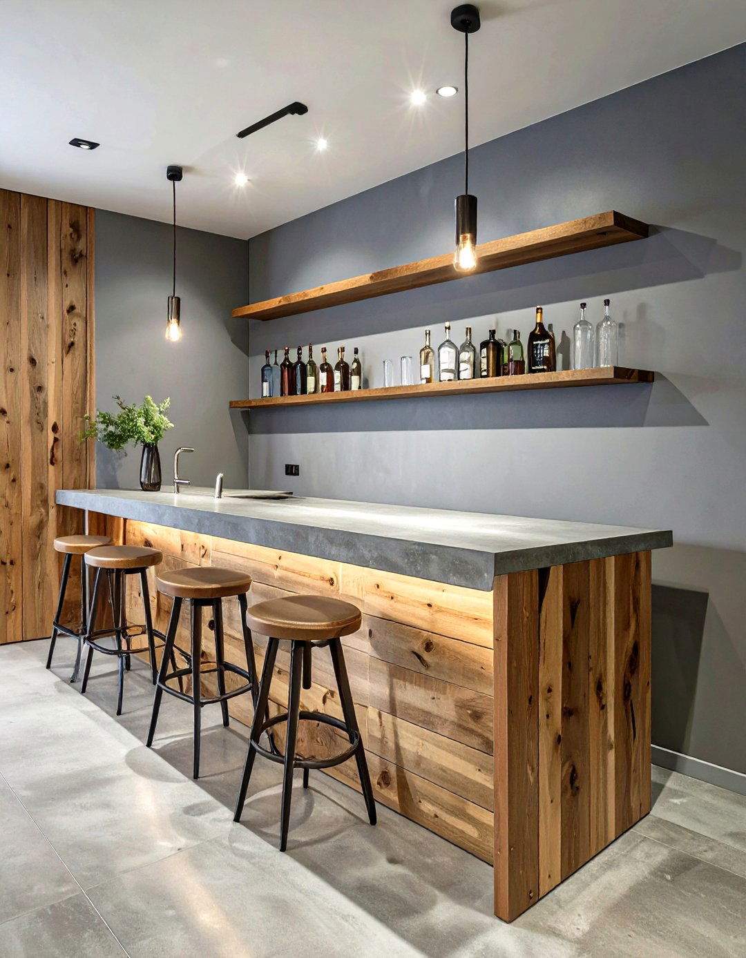 Minimalist Concrete and Wood Bar - 30 basement ideas with bar