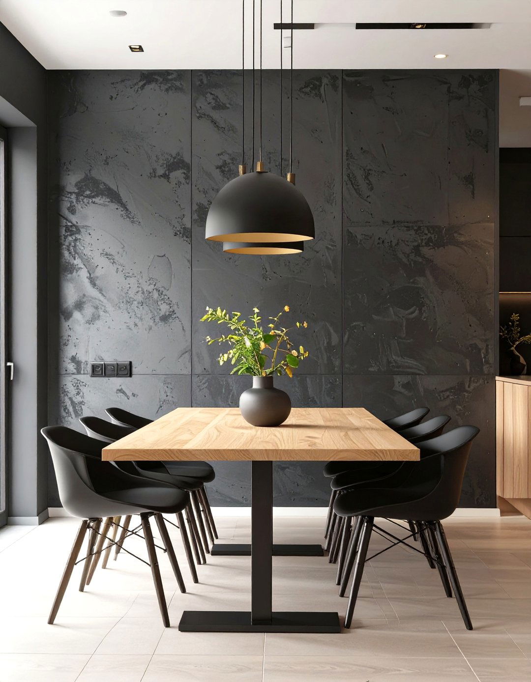 Minimalist Dining Area with a Black Microcement Wall - 30 black accent wall ideas