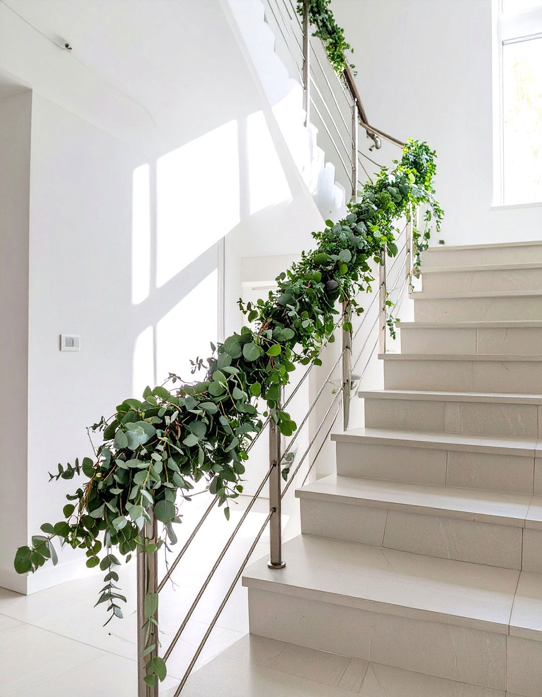 Minimalist Eucalyptus Garland on Stairs - 30 garland on stairs ideas