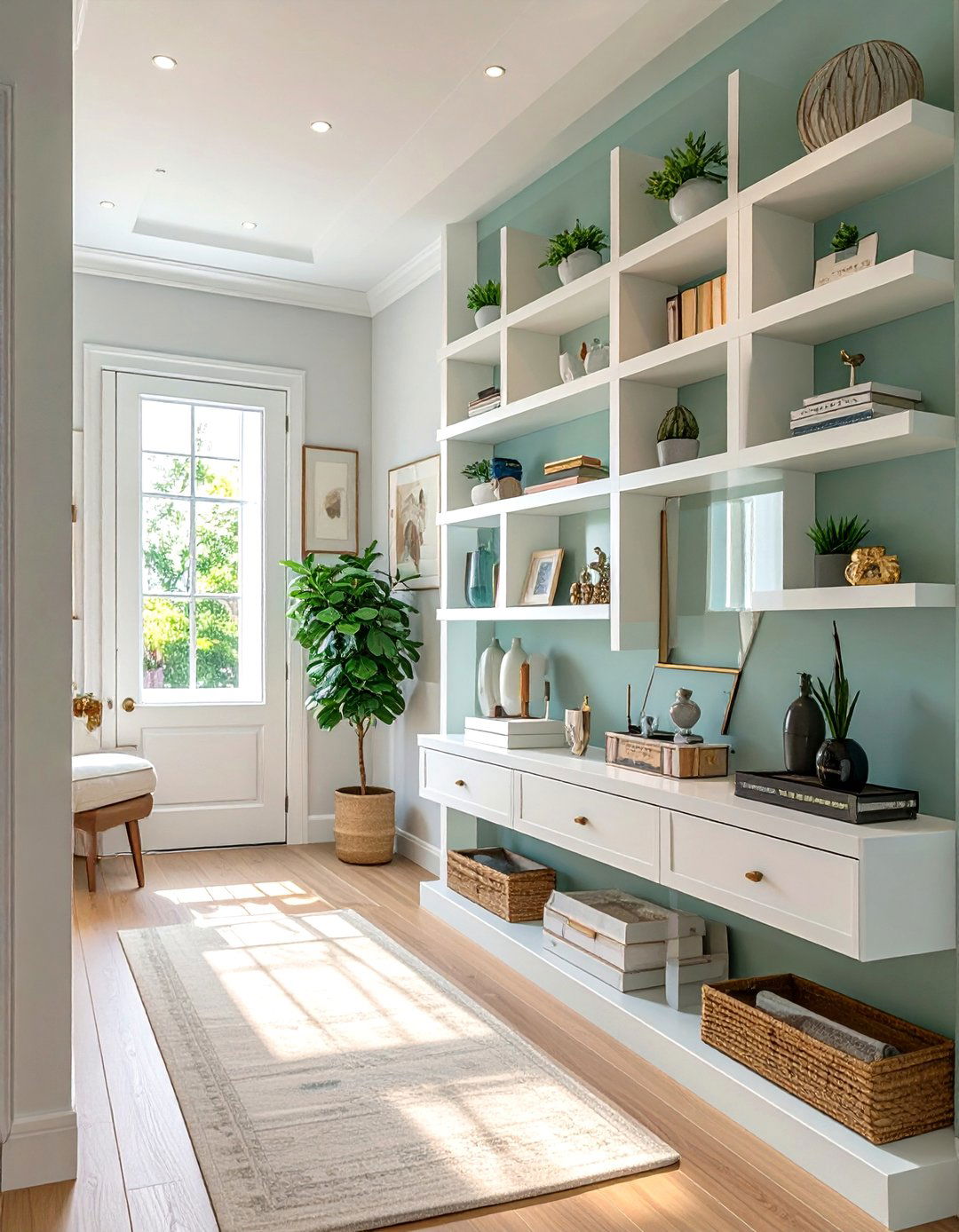 Minimalist Floating Shelves Entryway - 30 apartment entryway ideas