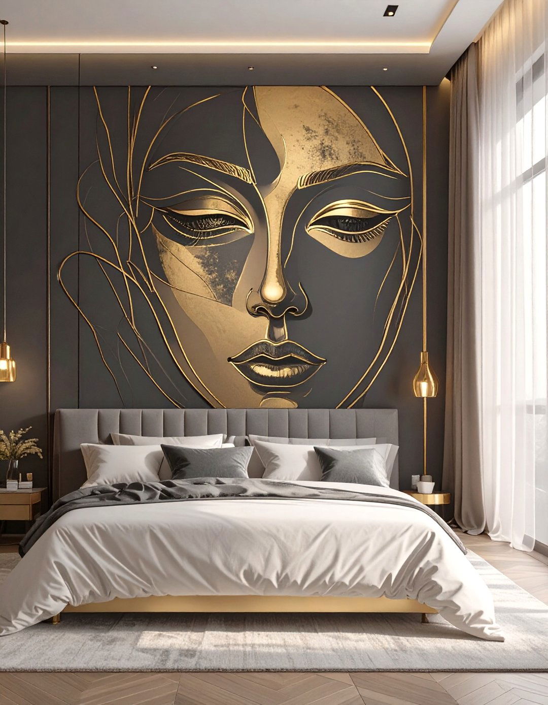 Minimalist Gold Line Wall Art - 30 black and gold bedroom ideas