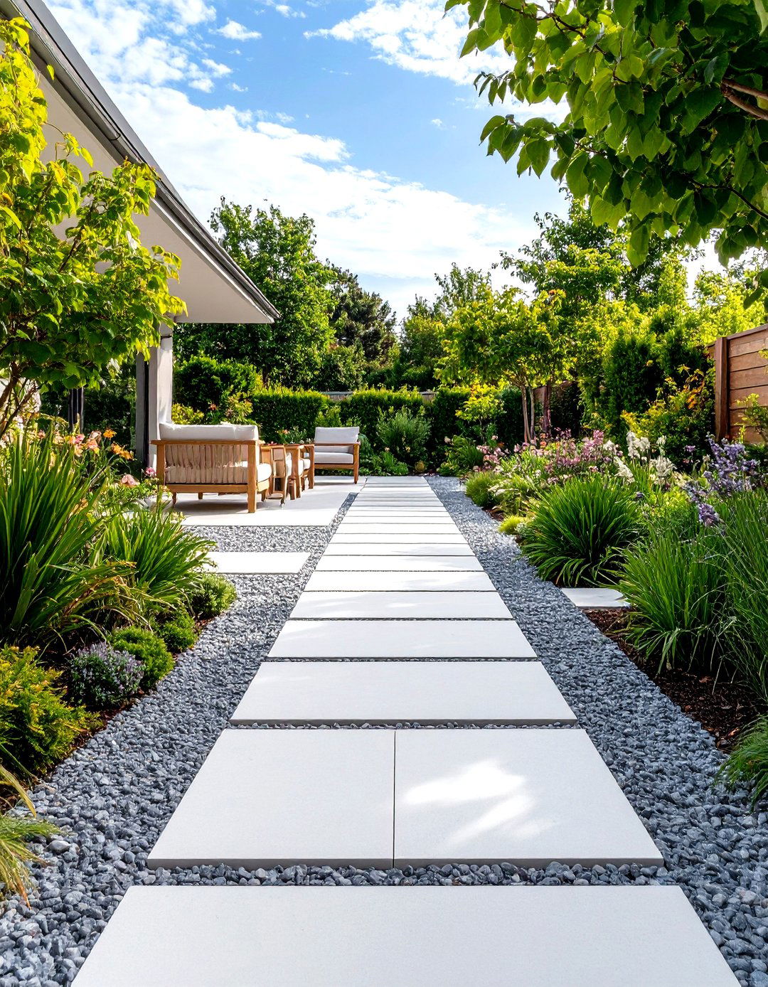 Minimalist Gravel Bed with Square Pavers - 30 garden path ideas