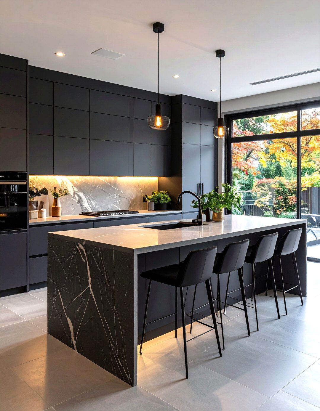 Minimalist Gray Kitchen with a Waterfall Island - 30 gray kitchen cabinets ideas