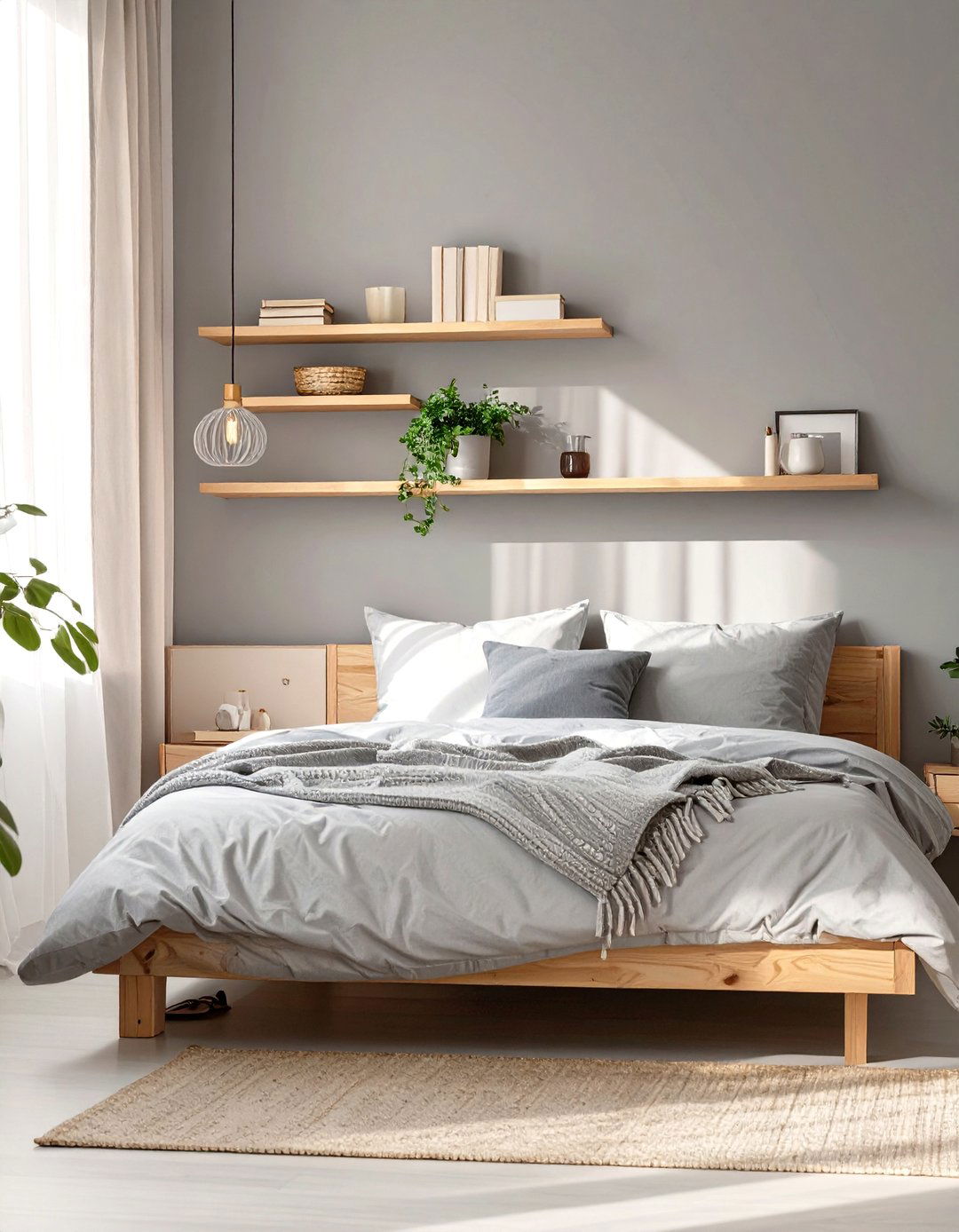 Minimalist Grey Bedroom with Floating Shelves - 30 simple grey bedroom ideas
