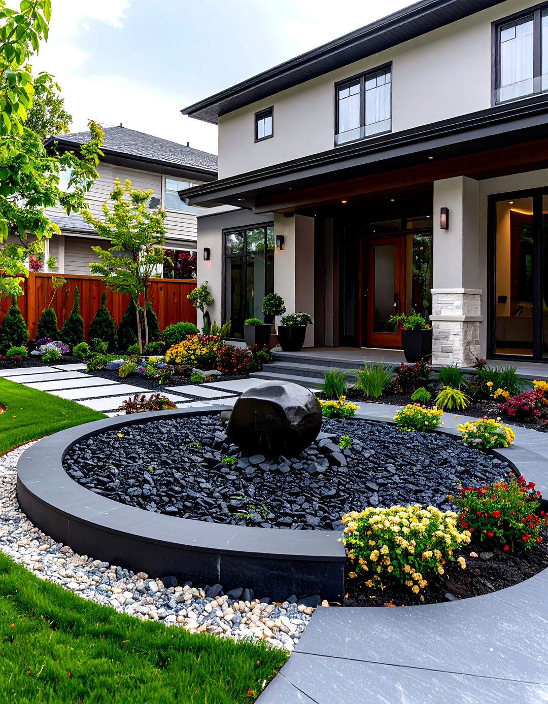 Minimalist Half Circle Driveway with Central Sculpture - 30 front yard half circle driveway designs