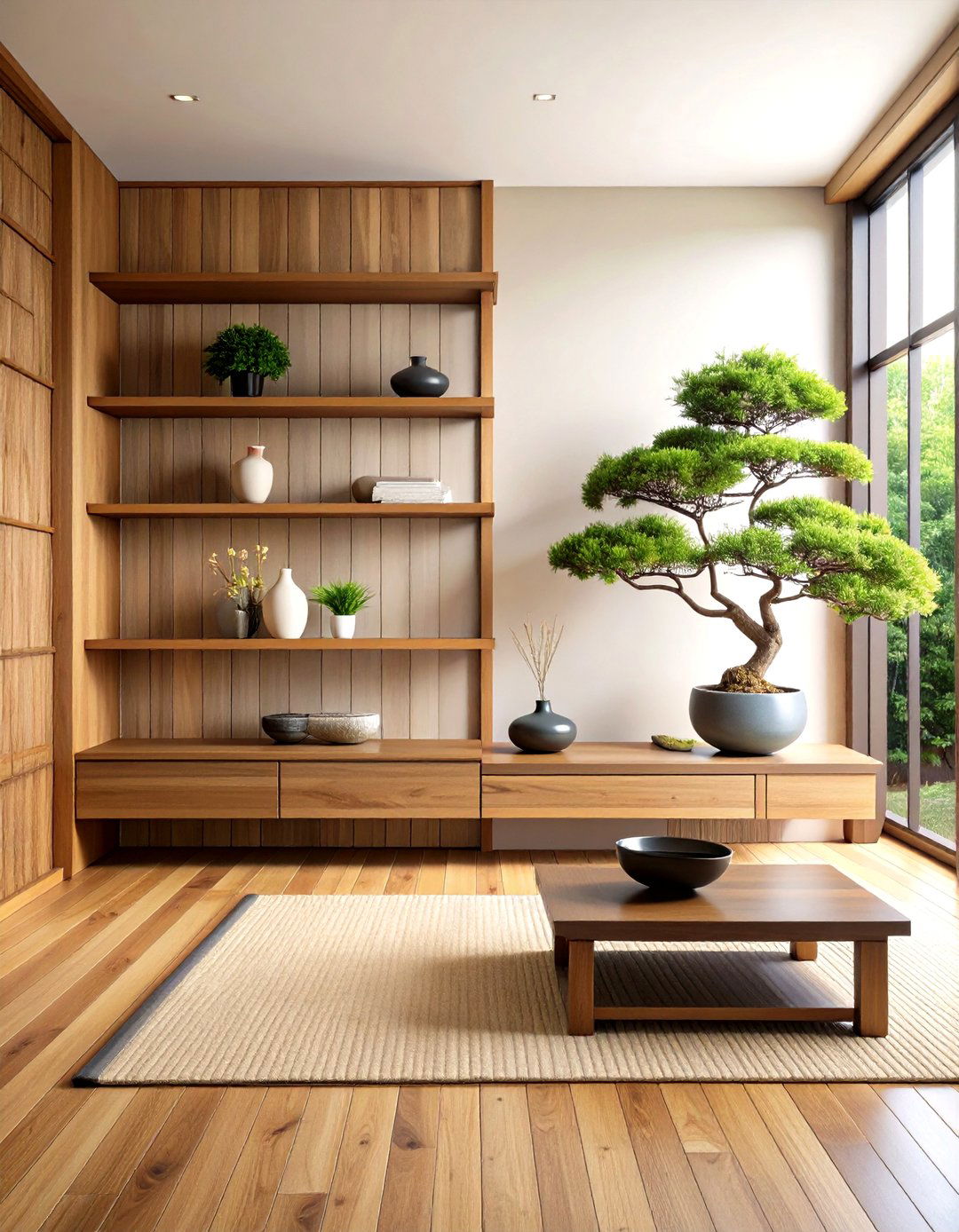 Minimalist Japanese Inspired Living Room Shelves - 30 living room wall shelf decor ideas