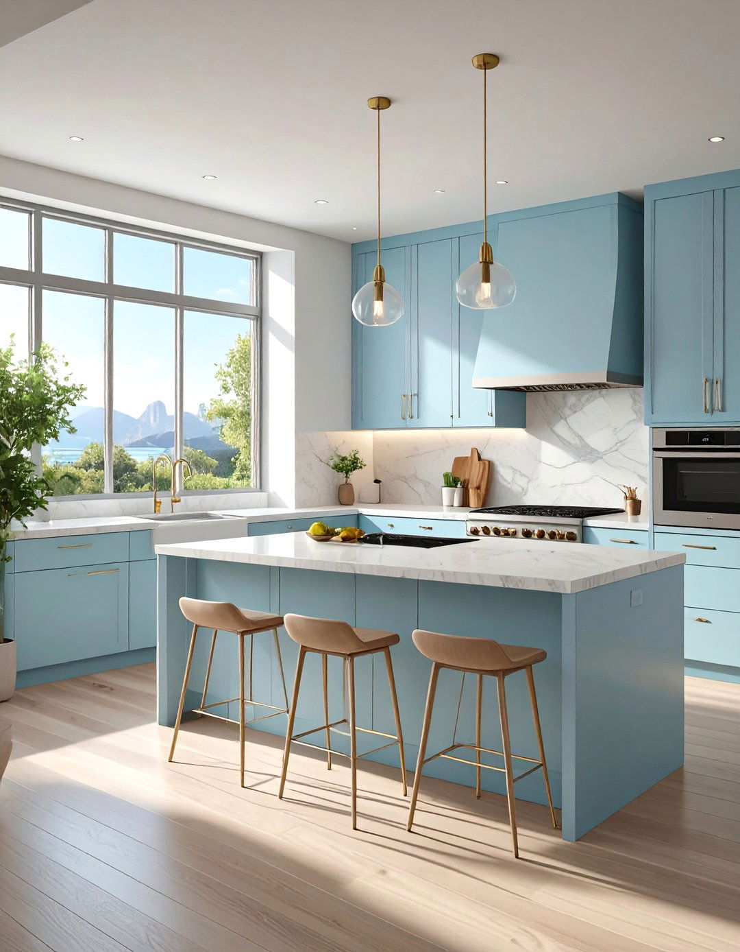 Minimalist Kitchen with Pale Blue Flat Panel Cabinets - 30 blue kitchen cabinets ideas