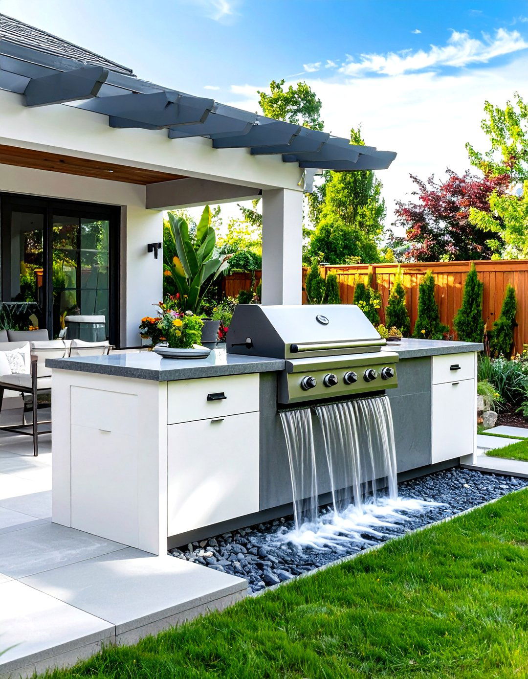 Minimalist Patio Grill with a Waterfall Countertop - 30 patio grill ideas