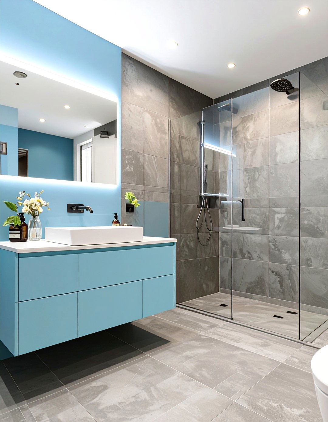 Minimalist Slate Gray and Powder Blue Bathroom - 30 blue and gray bathroom ideas