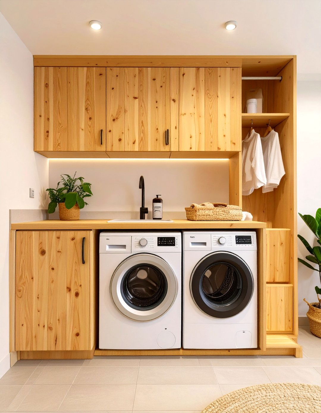 Minimalist Stackable Laundry Nook with Plywood - 30 stackable laundry room ideas