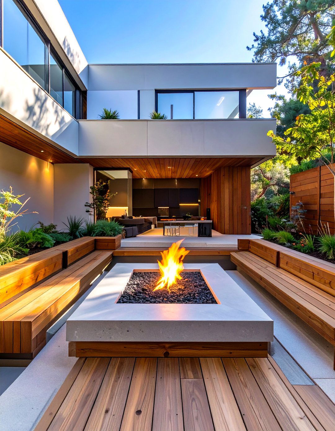 Minimalist Sunken Fire Lounge - 30 small outdoor fireplace ideas