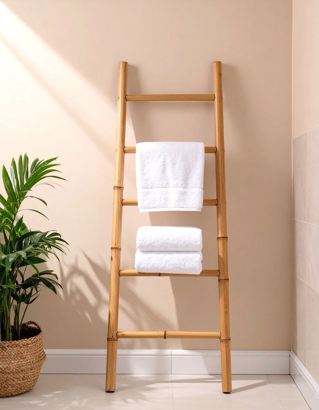 Minimalist Towel Ladder - 30 small spa bathroom ideas