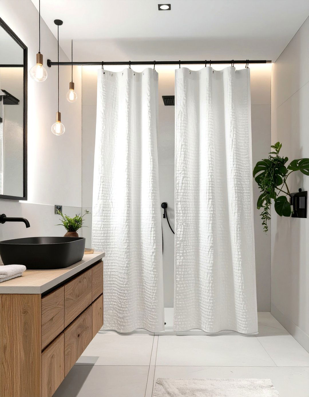 Minimalist White Waffle Weave Curtain - 30 bathroom curtains ideas