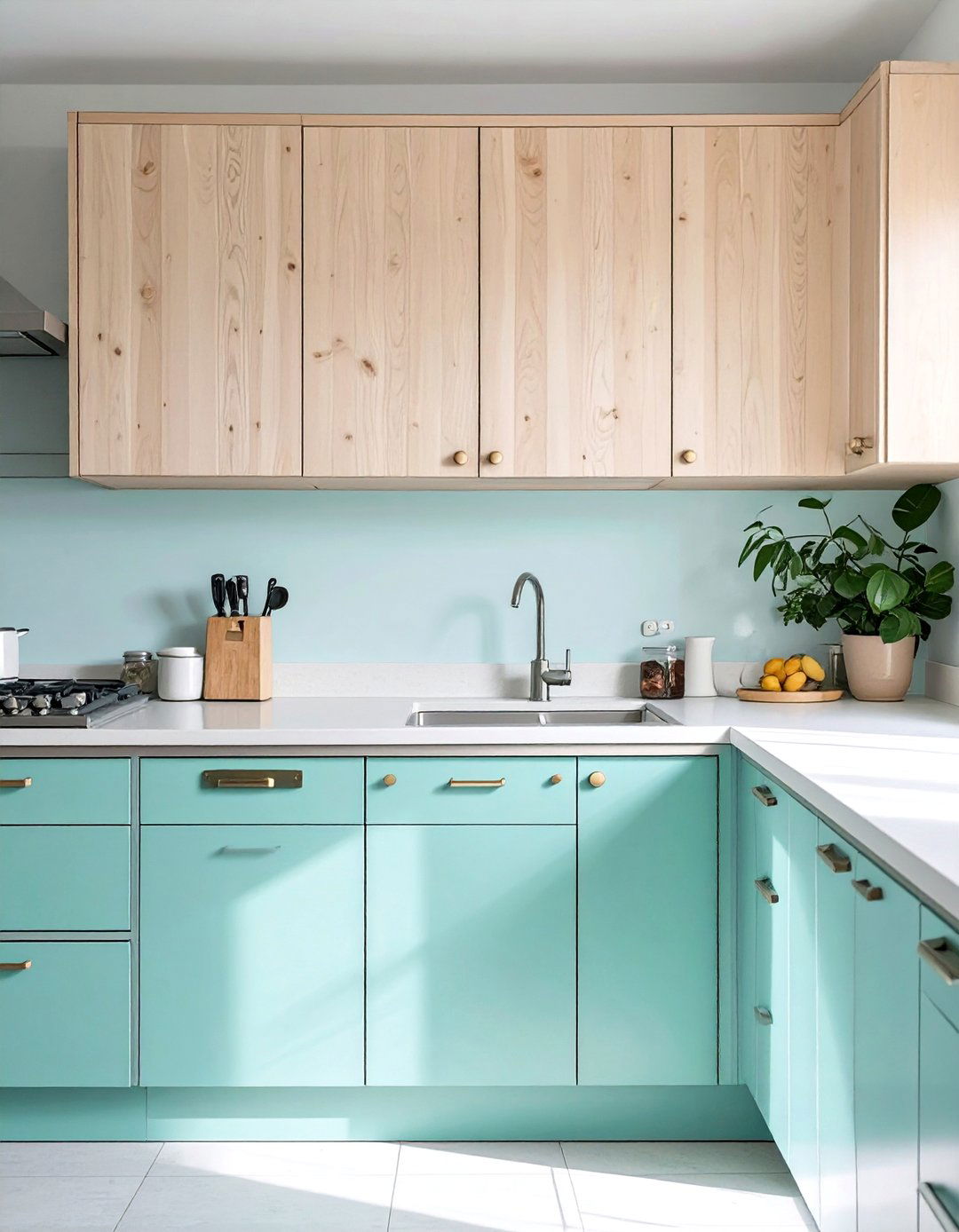 Mint Green Lowers with Light Wood Uppers - 30 two tone kitchen cabinet ideas
