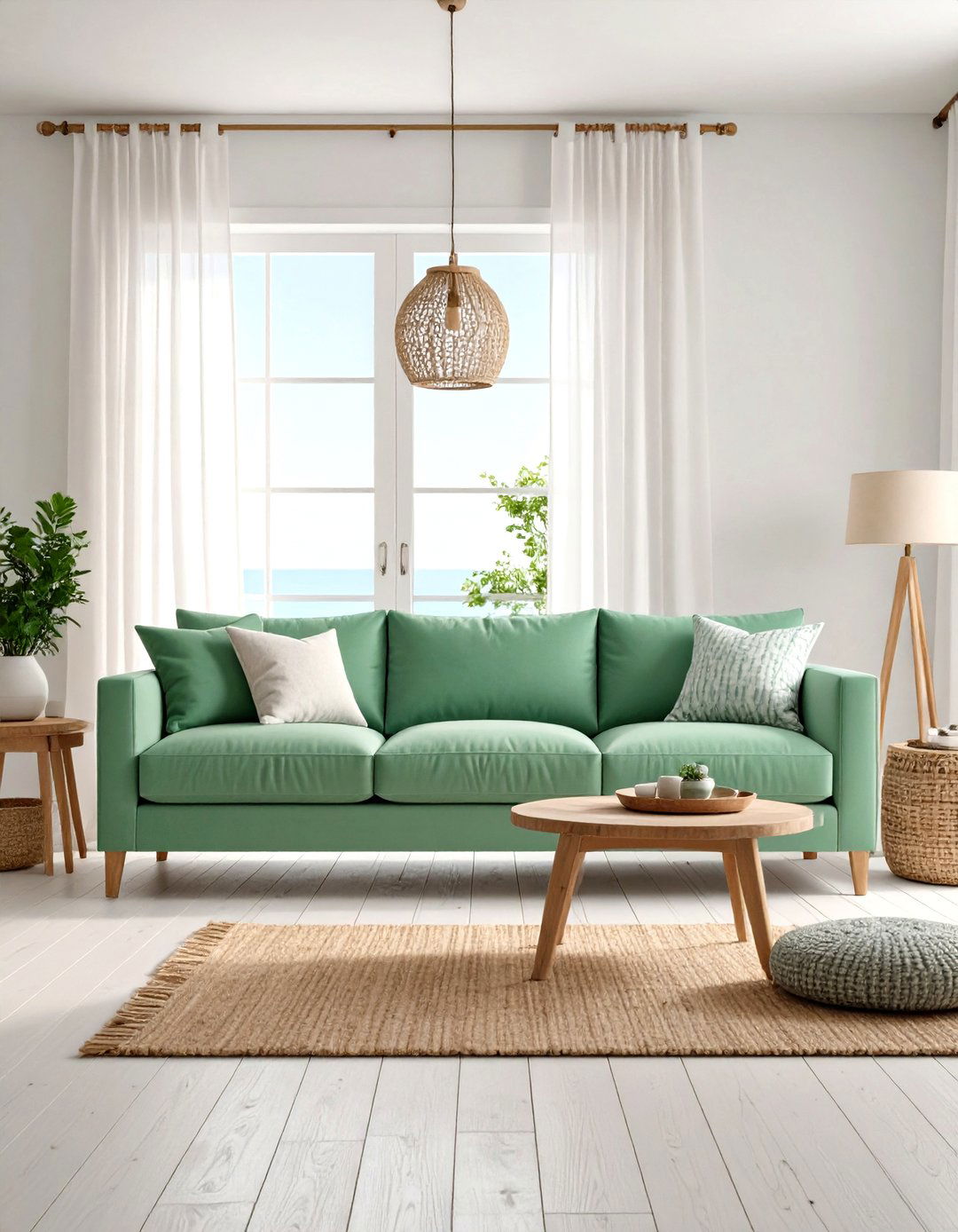 Mint Green Sofa in a Coastal Living Room - 30 green sofa living room ideas