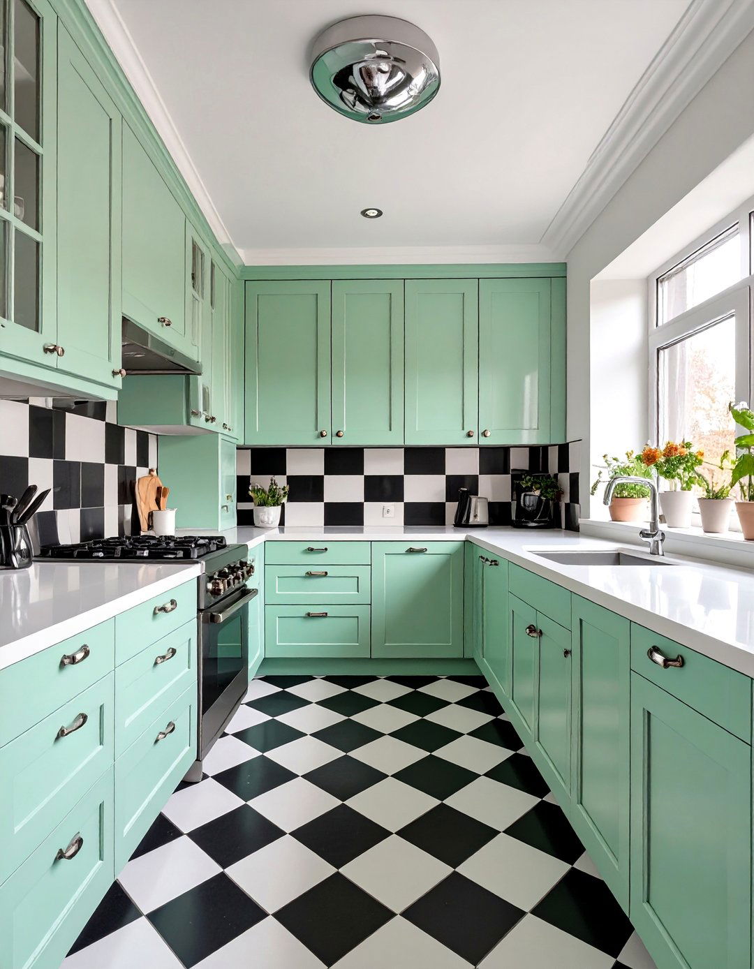 Mint Green and White Checkered Kitchen - 30 colorful kitchen ideas