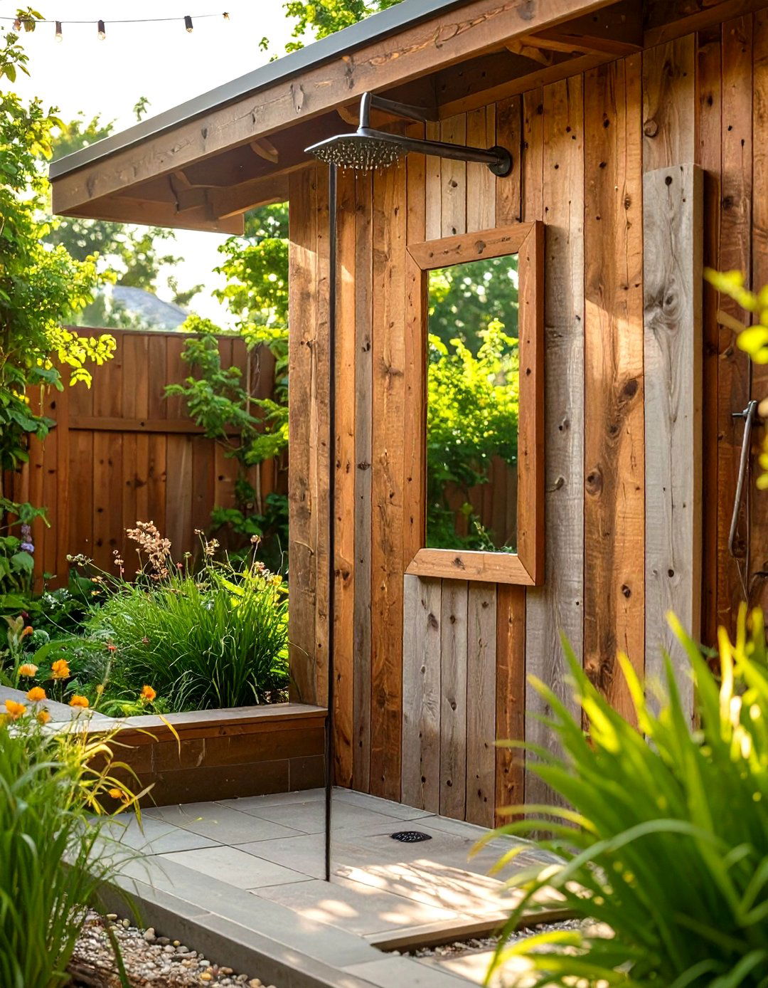 Mirror on a Wooden Wall - 30 rustic outdoor shower ideas