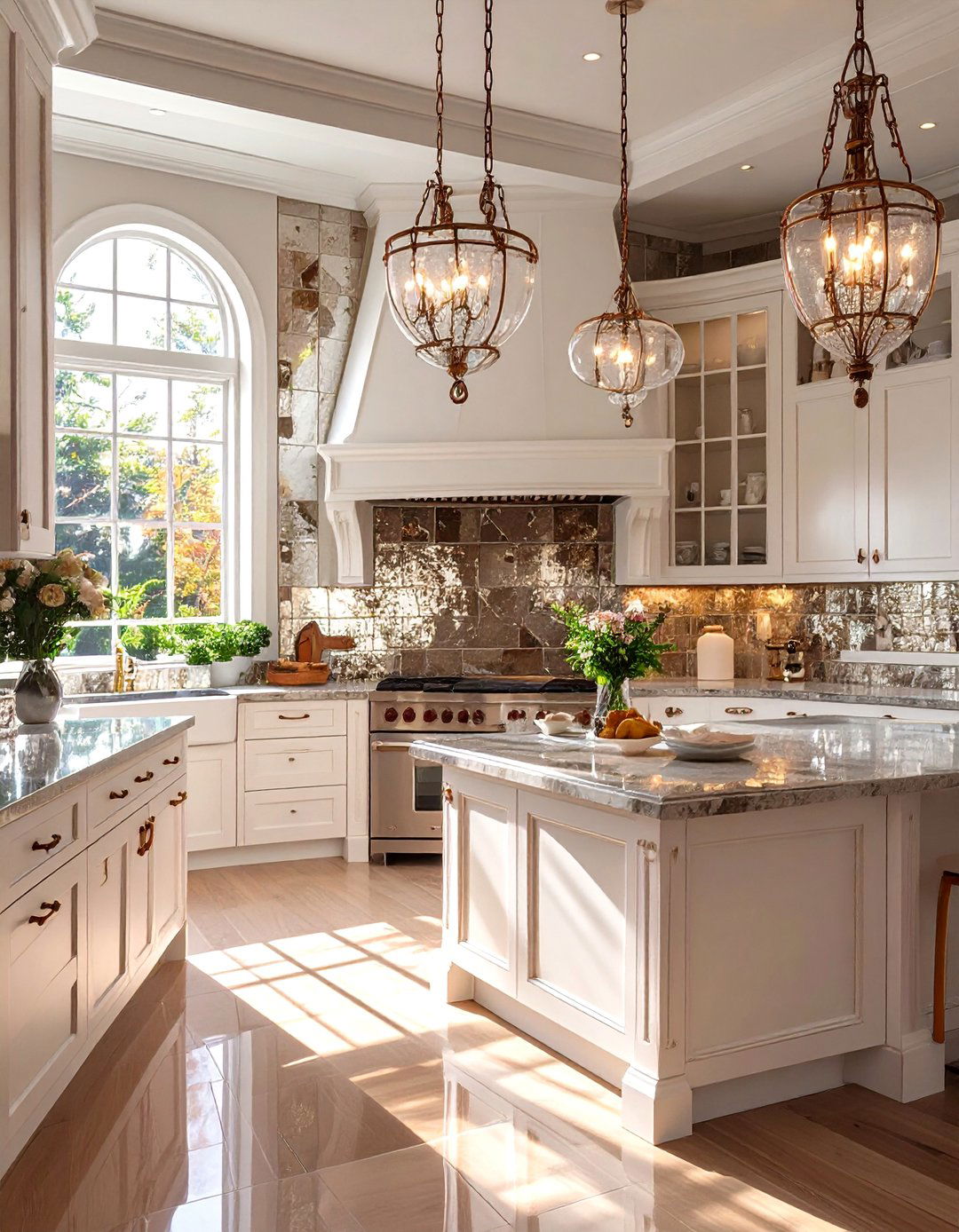 Mirrored Antique Tile Backsplash - 30 backsplash ideas for white cabinets and quartz countertops
