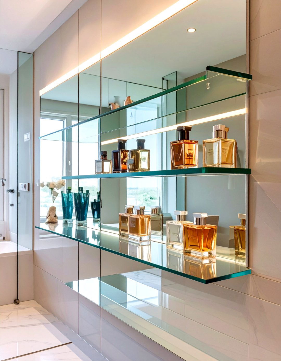 Mirrored Backing Floating Shelves - 30 floating shelves bathroom ideas