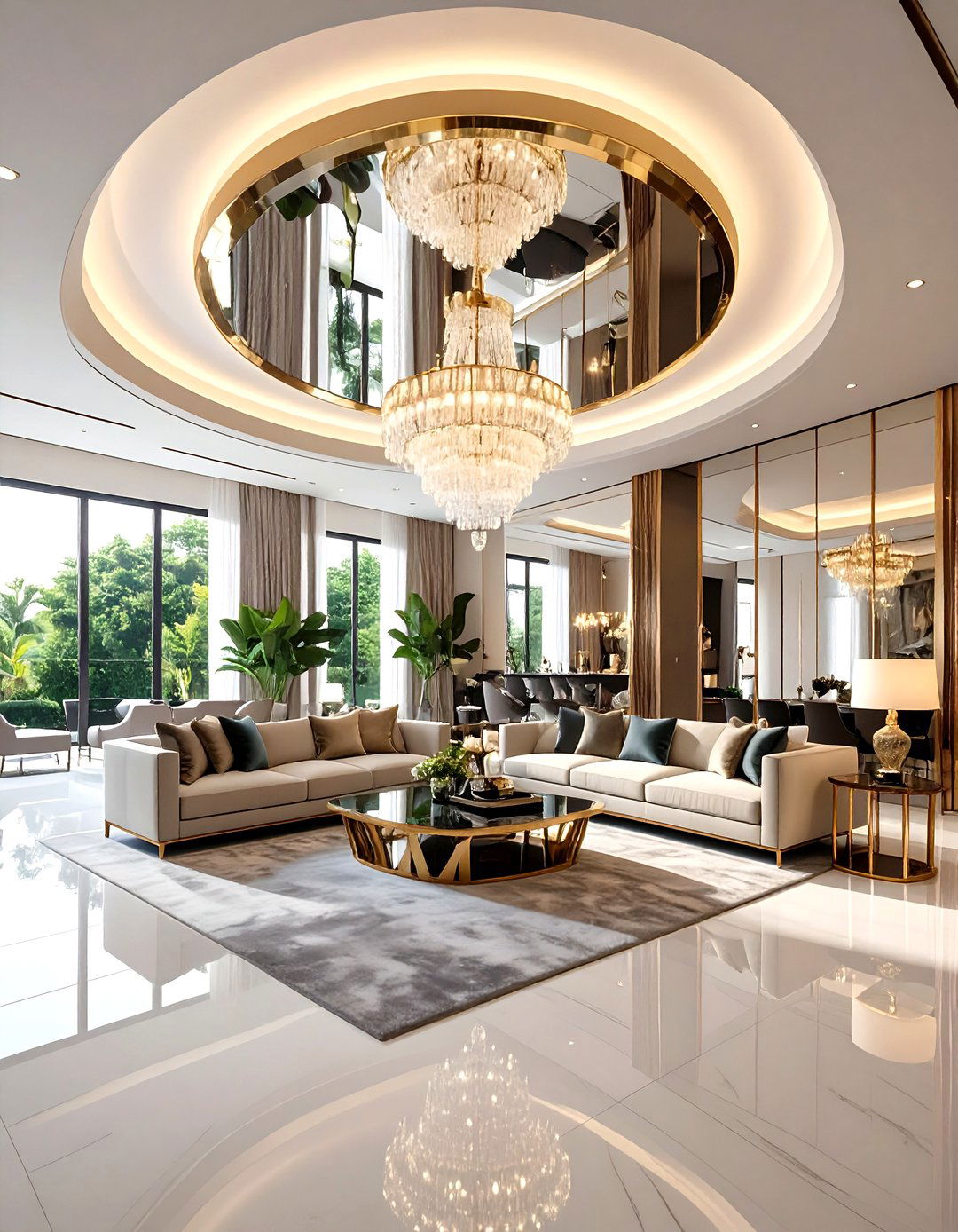 Mirrored Ceiling Panels for Space Illusion - 30 living room ceiling ideas