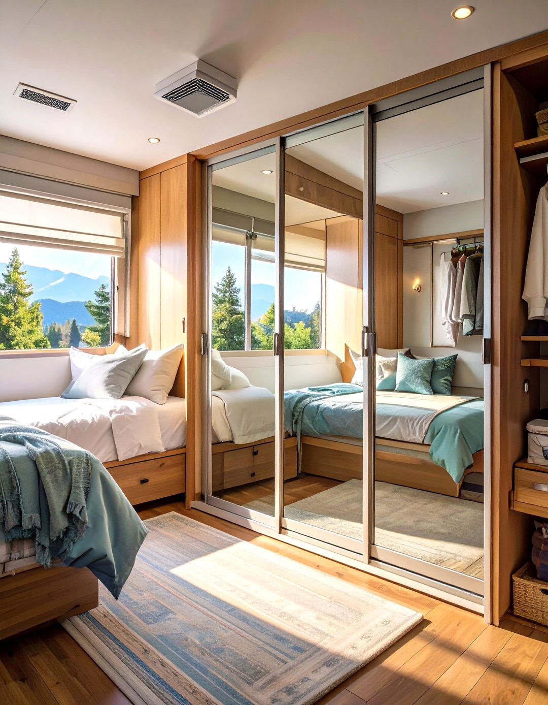 Mirrored Closet Doors in an RV Bedroom - 30 small rv bedroom ideas