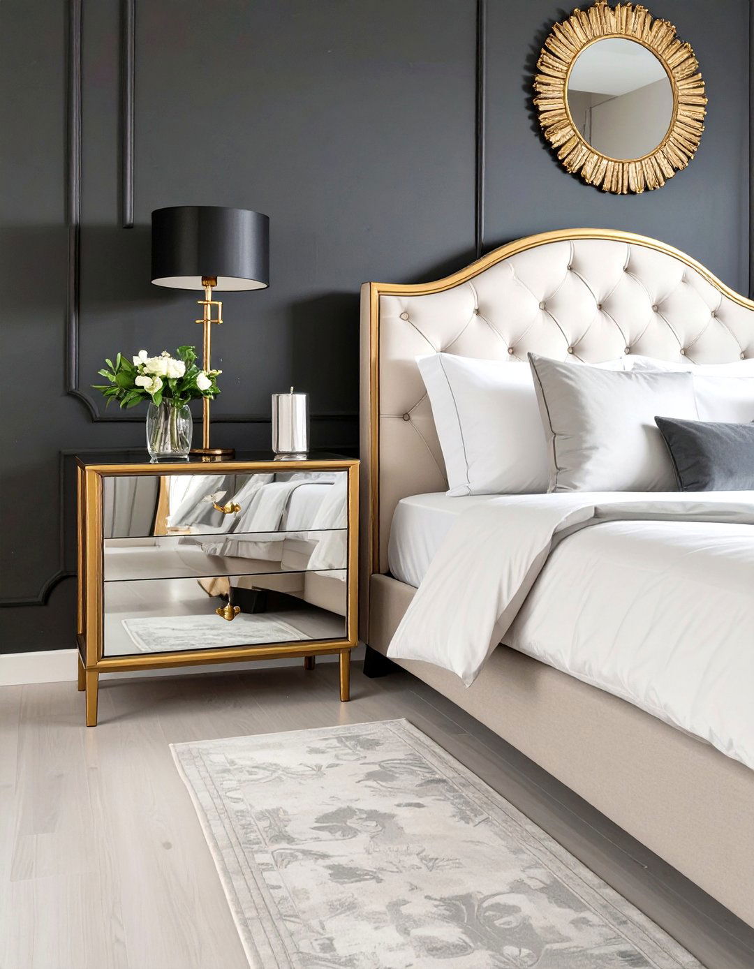Mirrored Furniture with Gold Trim - 30 black and gold bedroom ideas
