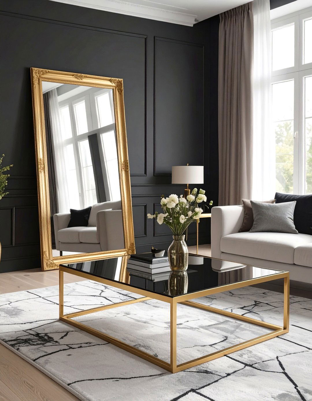 Mirrored Surfaces and Gold Living Room - 30 black and gold living room ideas