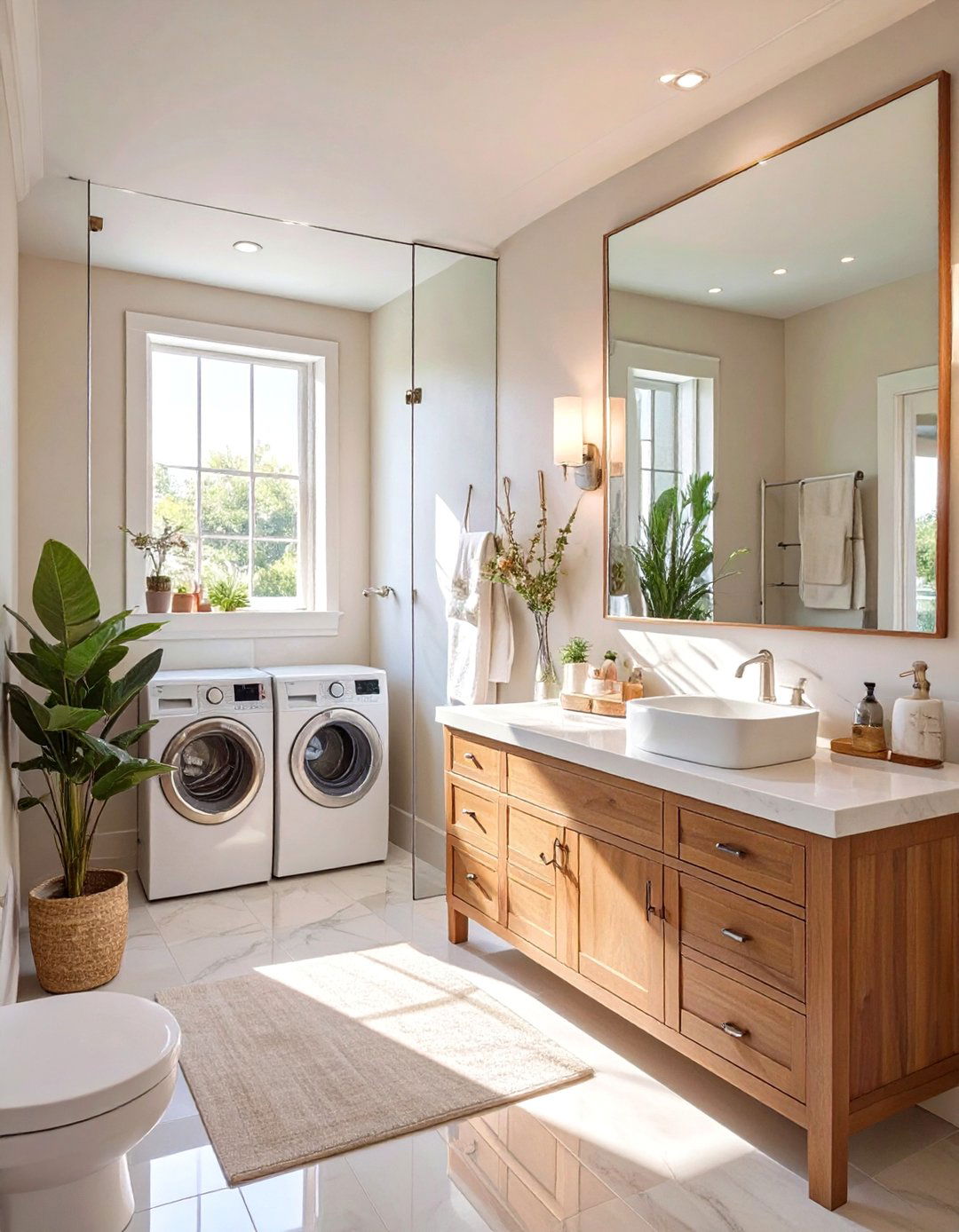 Mirrored Surfaces for Space - 30 combination small bathroom and laundry room combo designs
