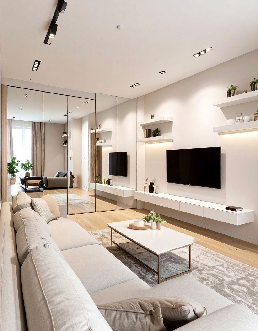 Mirrored Wall And Floating Shelves - 30 narrow living room ideas with tv
