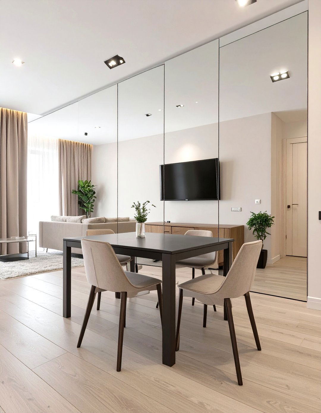 Mirrored Wall Behind the Dining Area - 30 small living room ideas with tv and dining table