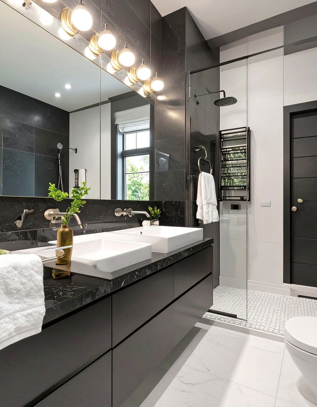 Mirrored Wall Illusion Bathroom - 30 black and white small bathroom ideas