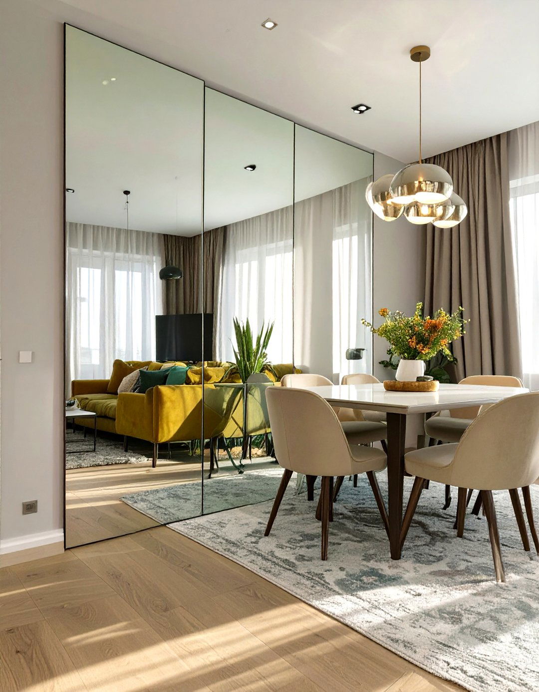 Mirrored Wall to Enlarge the Dining Area - 30 small living room dining room combo layout ideas