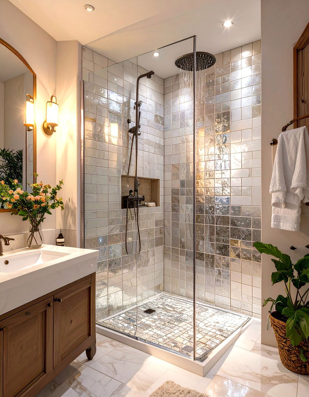 Mirrored or Metallic Accent Tiles - 30 bathroom tile ideas for small bathrooms