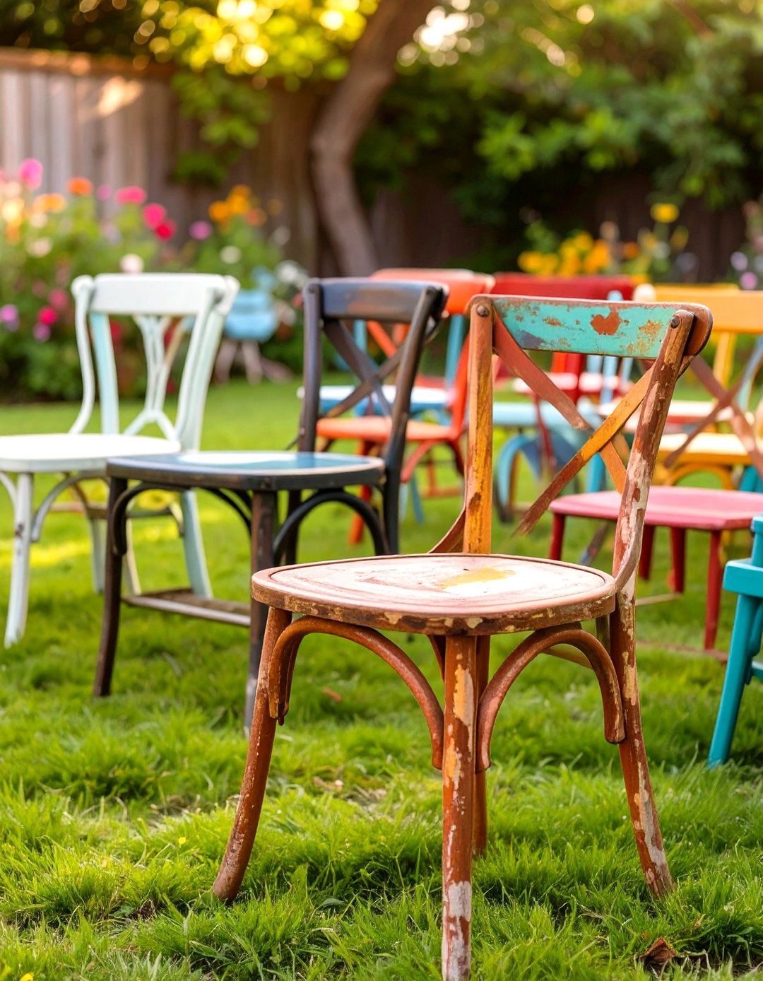 Mismatched Vintage Chairs for Guest Seating - 30 small backyard wedding ideas