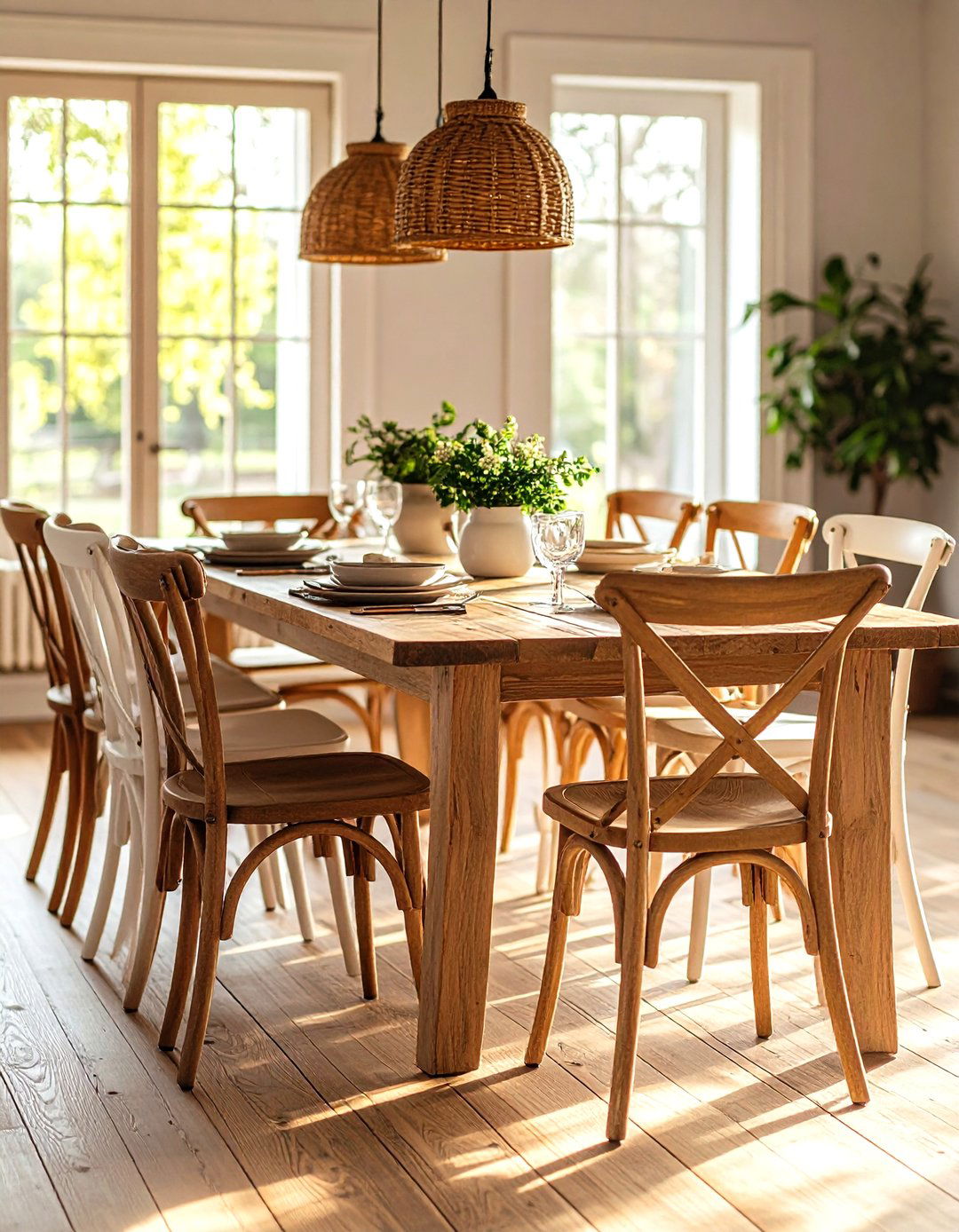 Mismatched Wooden Dining Chairs - 30 rustic farmhouse interior design ideas
