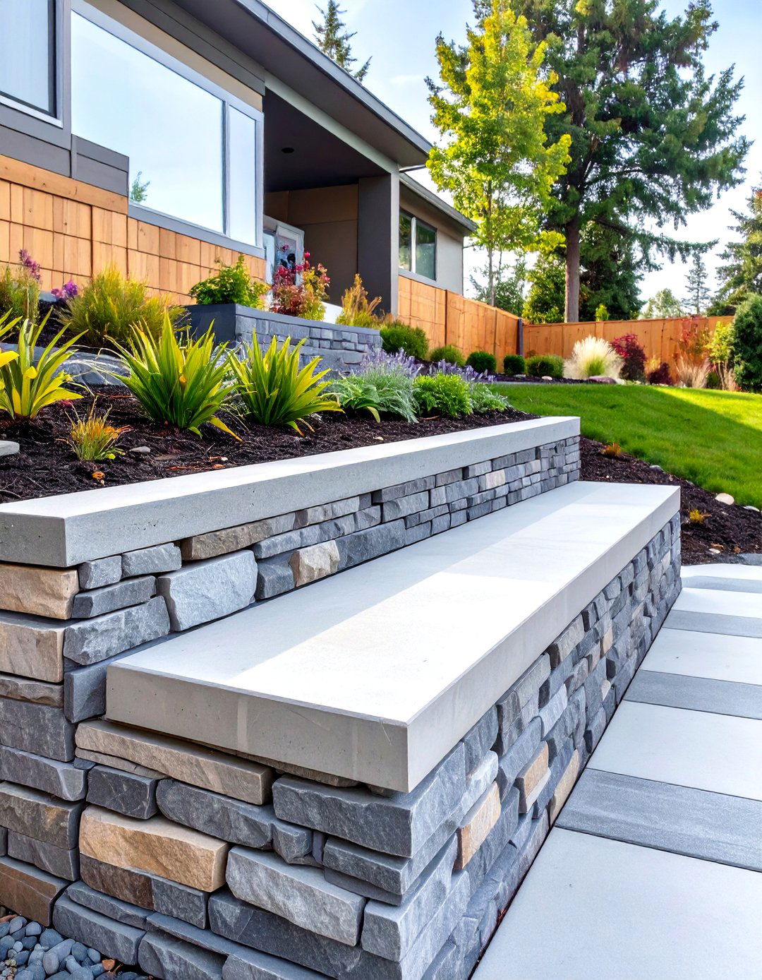 Mixed Material Retaining Wall - 30 simple retaining wall ideas for sloped backyard