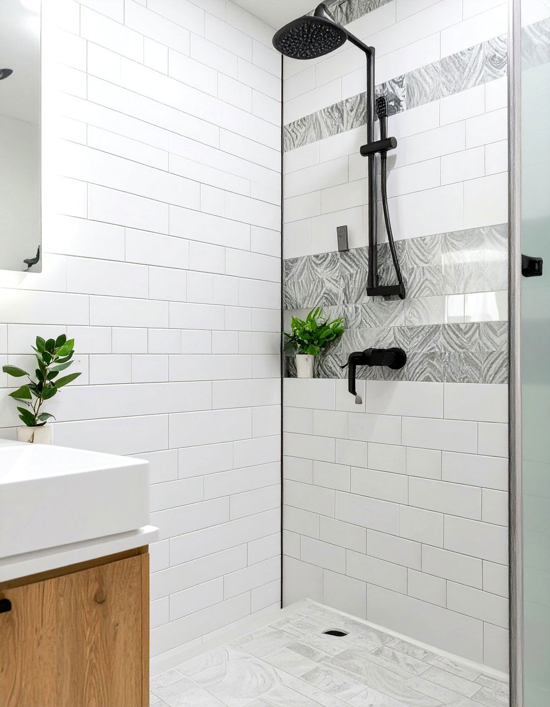 Mixed White Tile Finishes - 30 white shower tile ideas